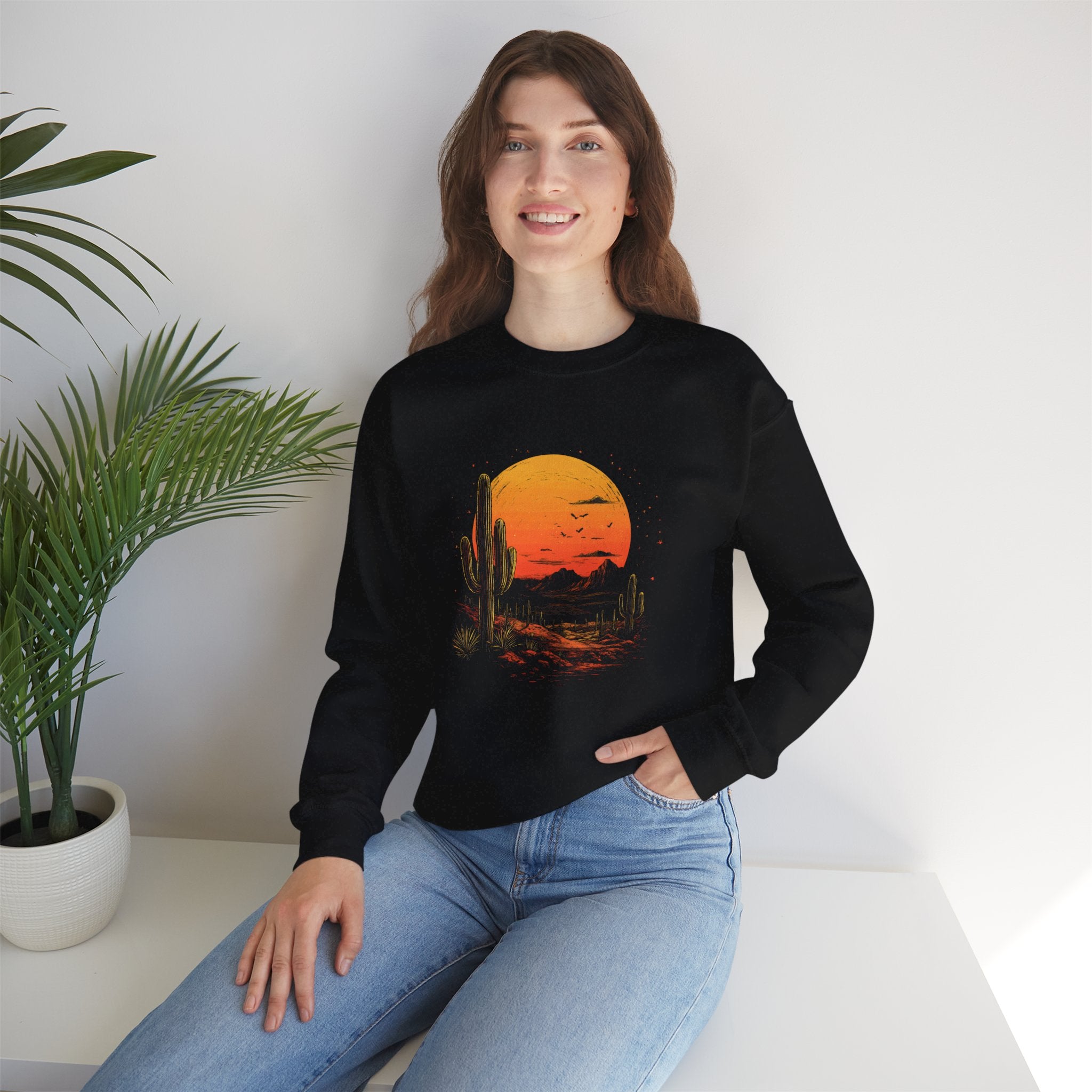 Desert Sunset Crewneck Sweatshirt — Vintage Cactus Moon Graphic