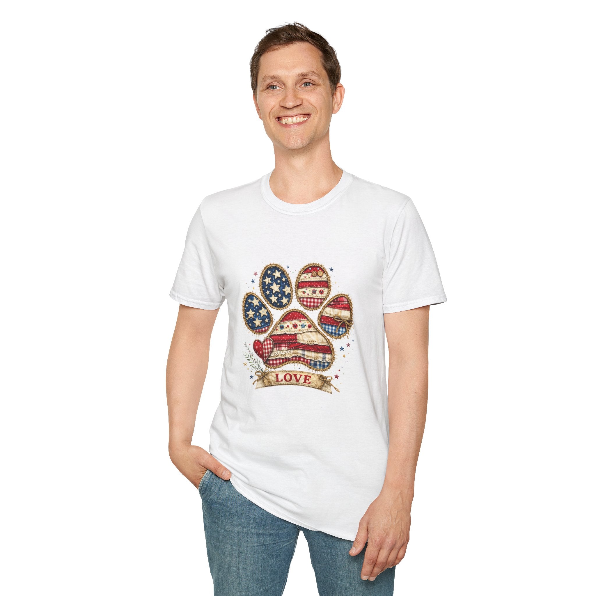 Patriotic Paw Print T-Shirt — "Love" American Flag Dog Paw Tee