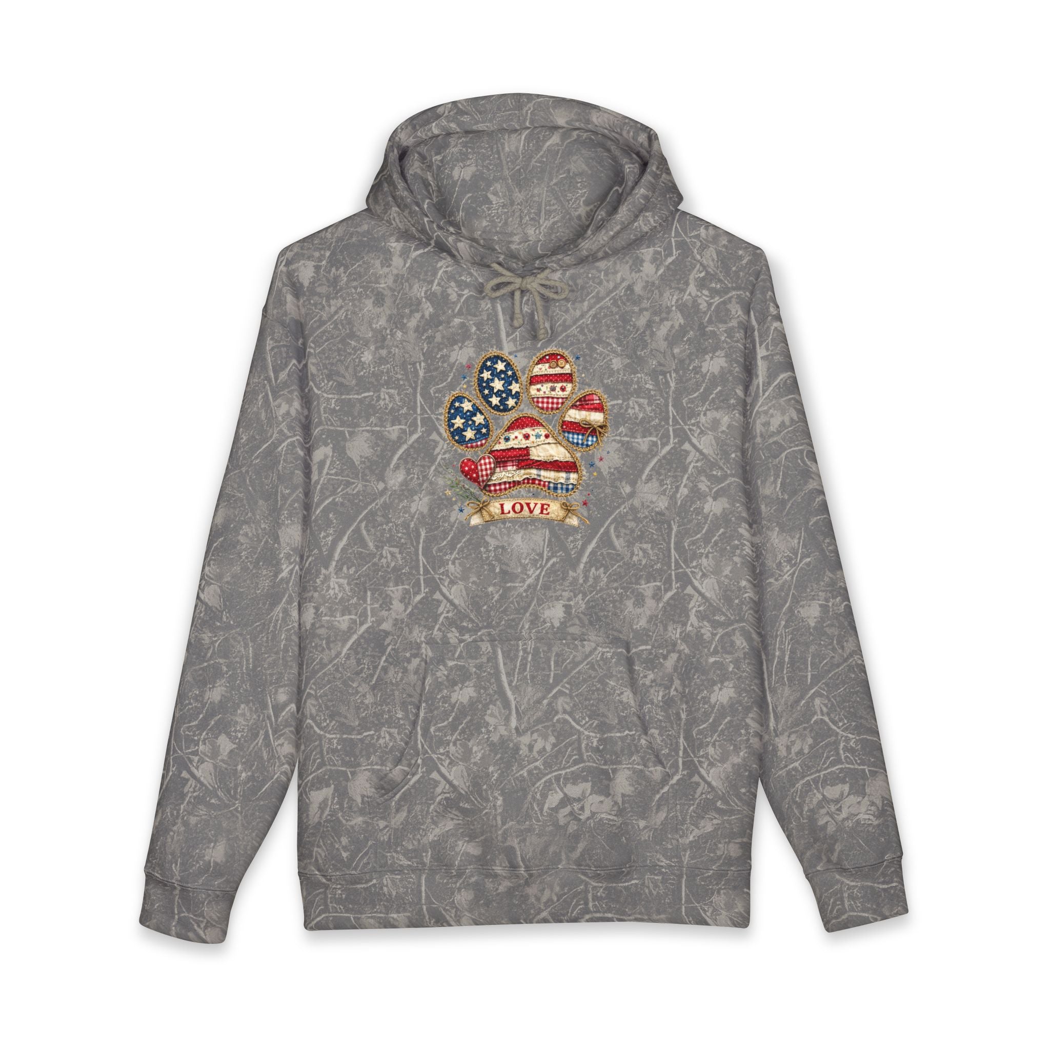 Patriotic Paw Print Hoodie — American Flag Dog Lover Sweatshirt (“Love” Banner)