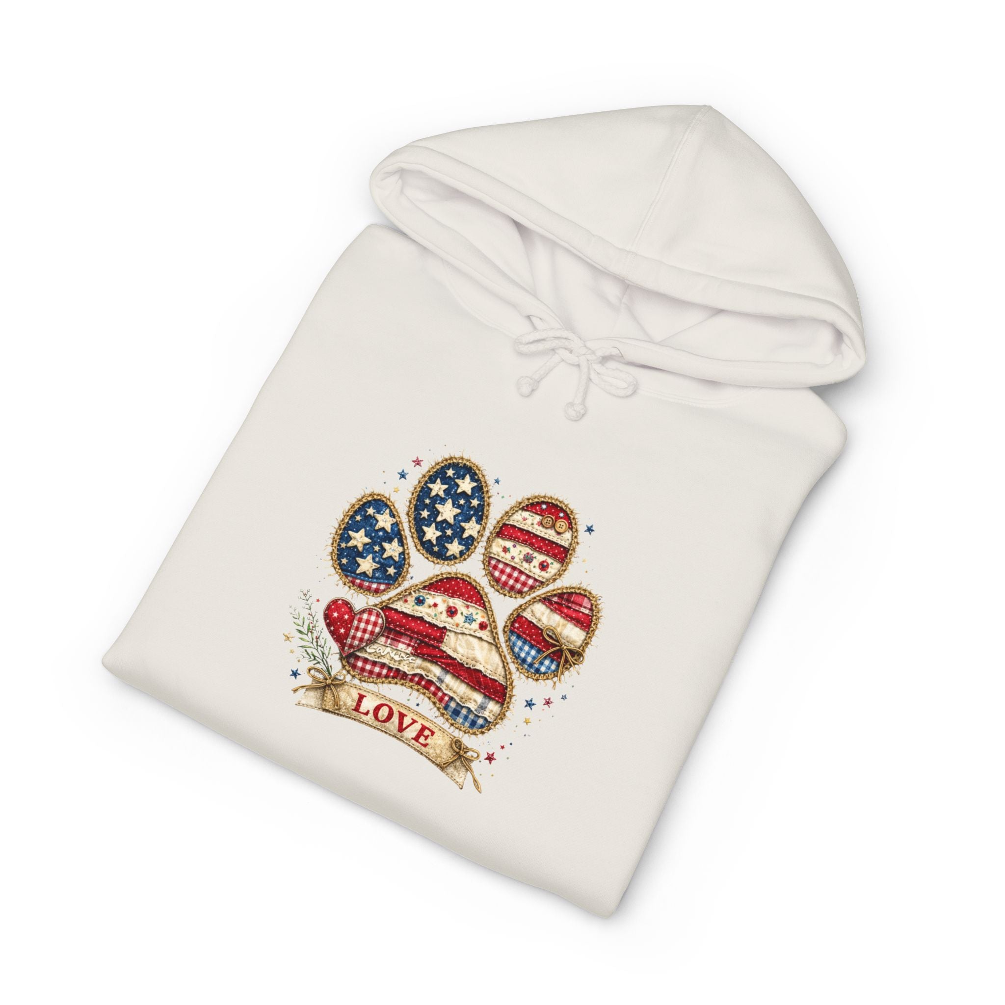 Patriotic Paw Print Hoodie — American Flag Dog Lover Sweatshirt (“Love” Banner)