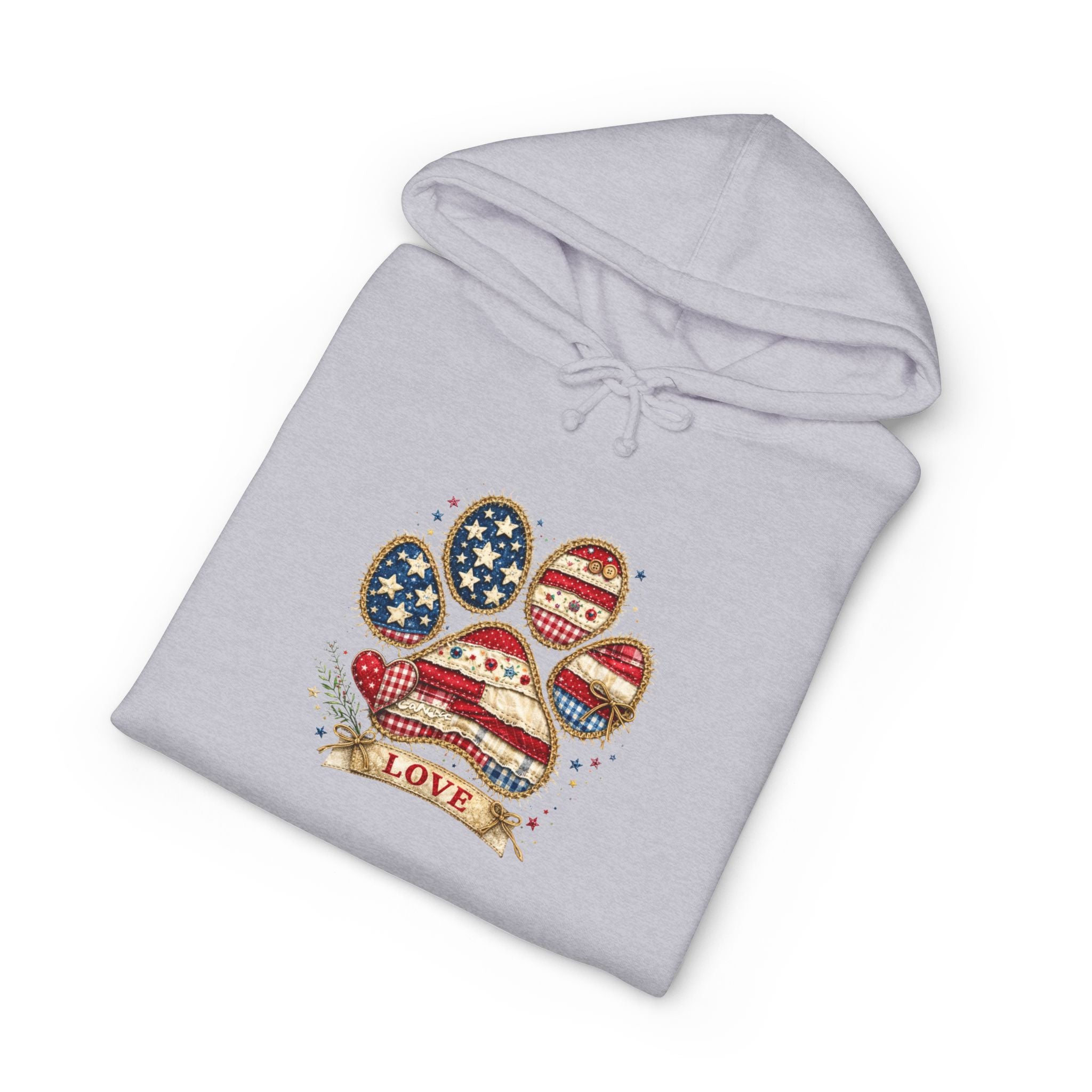 Patriotic Paw Print Hoodie — American Flag Dog Lover Sweatshirt (“Love” Banner)
