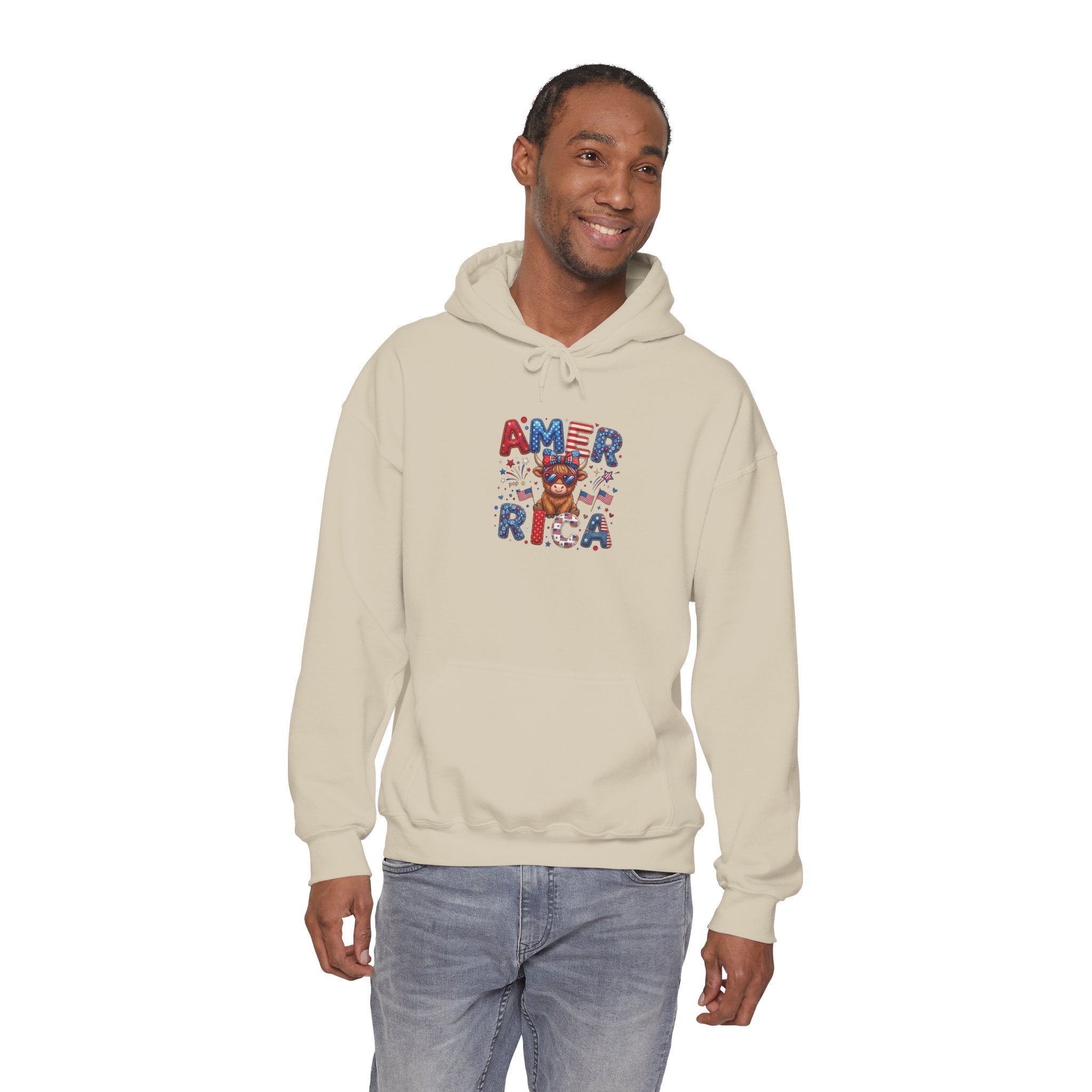 America Dog Patriotic Hoodie — "AMERICA" Text with Cute Pup & Stars (4th of July)