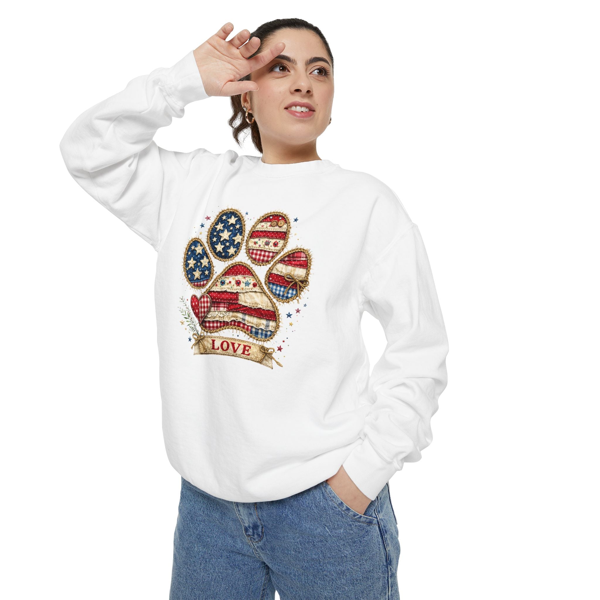 Patriotic Paw Print Sweatshirt — American Flag Dog Paw "Love" Crewneck