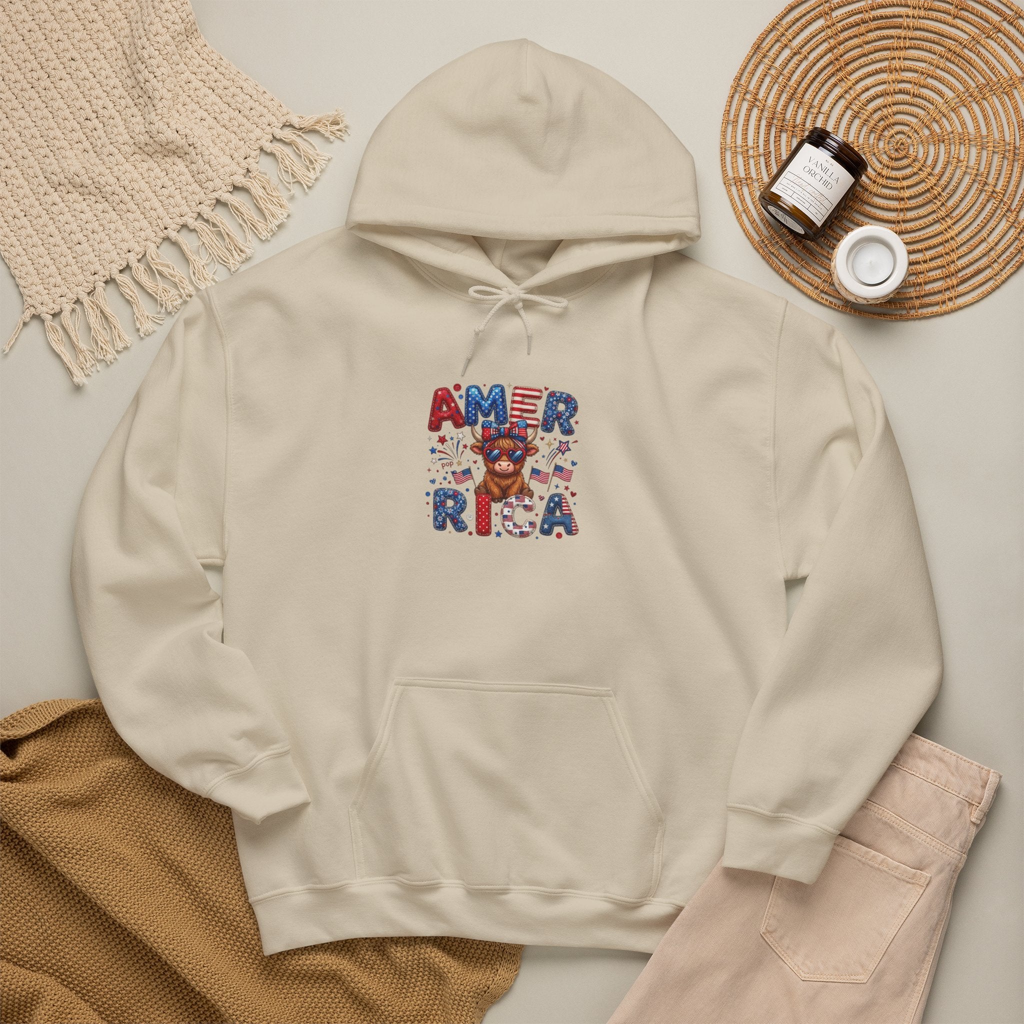 America Dog Patriotic Hoodie — "AMERICA" Text with Cute Pup & Stars (4th of July)