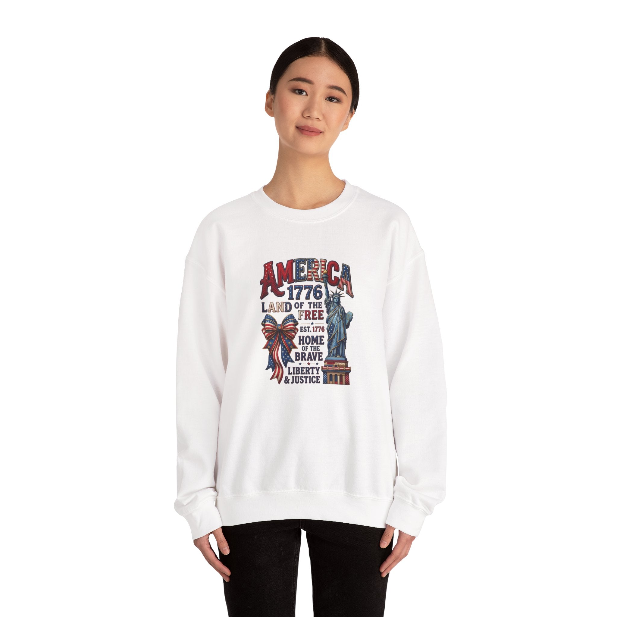 America 1776 Crewneck Sweatshirt — Land of the Free Statue of Liberty Patriotic Design