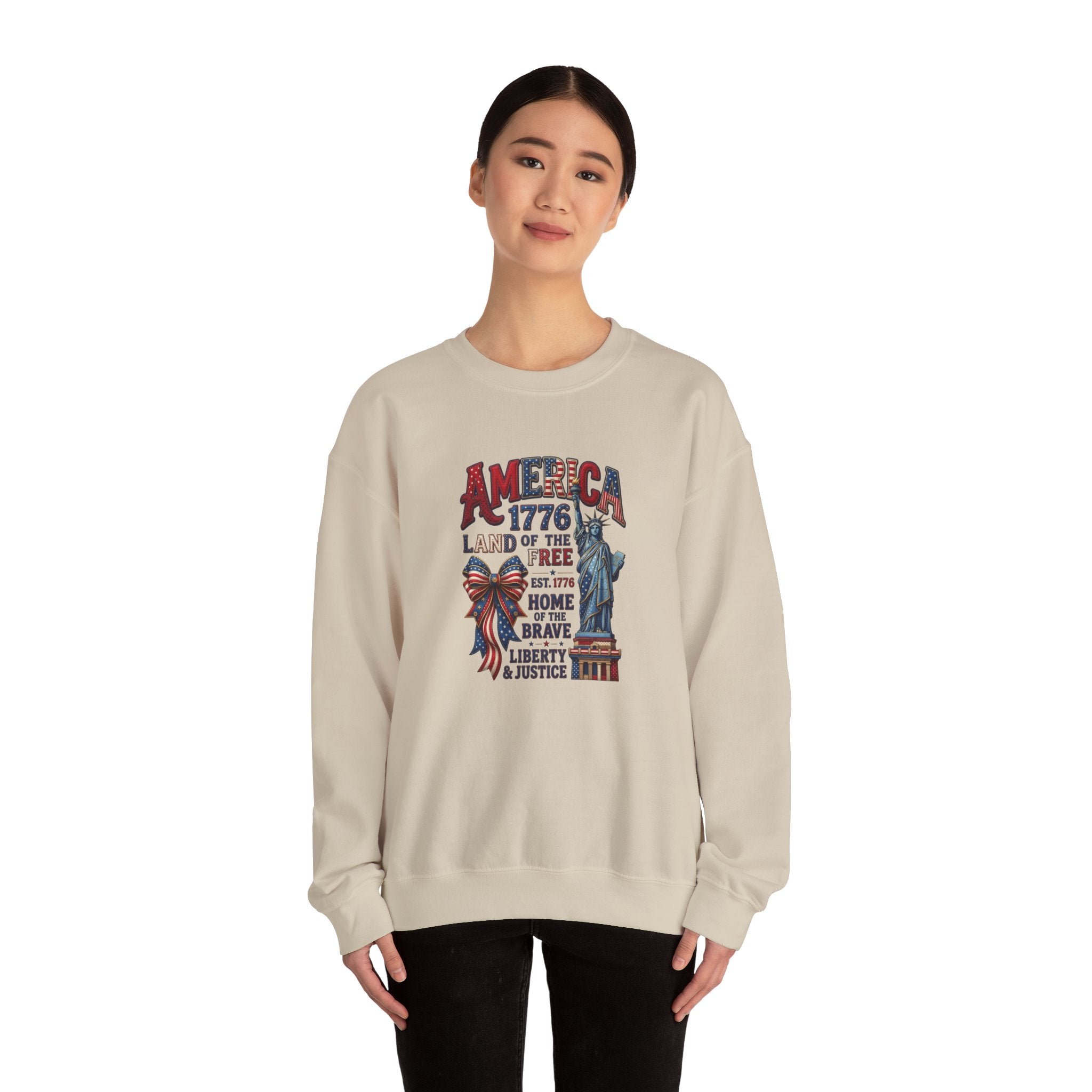 America 1776 Crewneck Sweatshirt — Land of the Free Statue of Liberty Patriotic Design