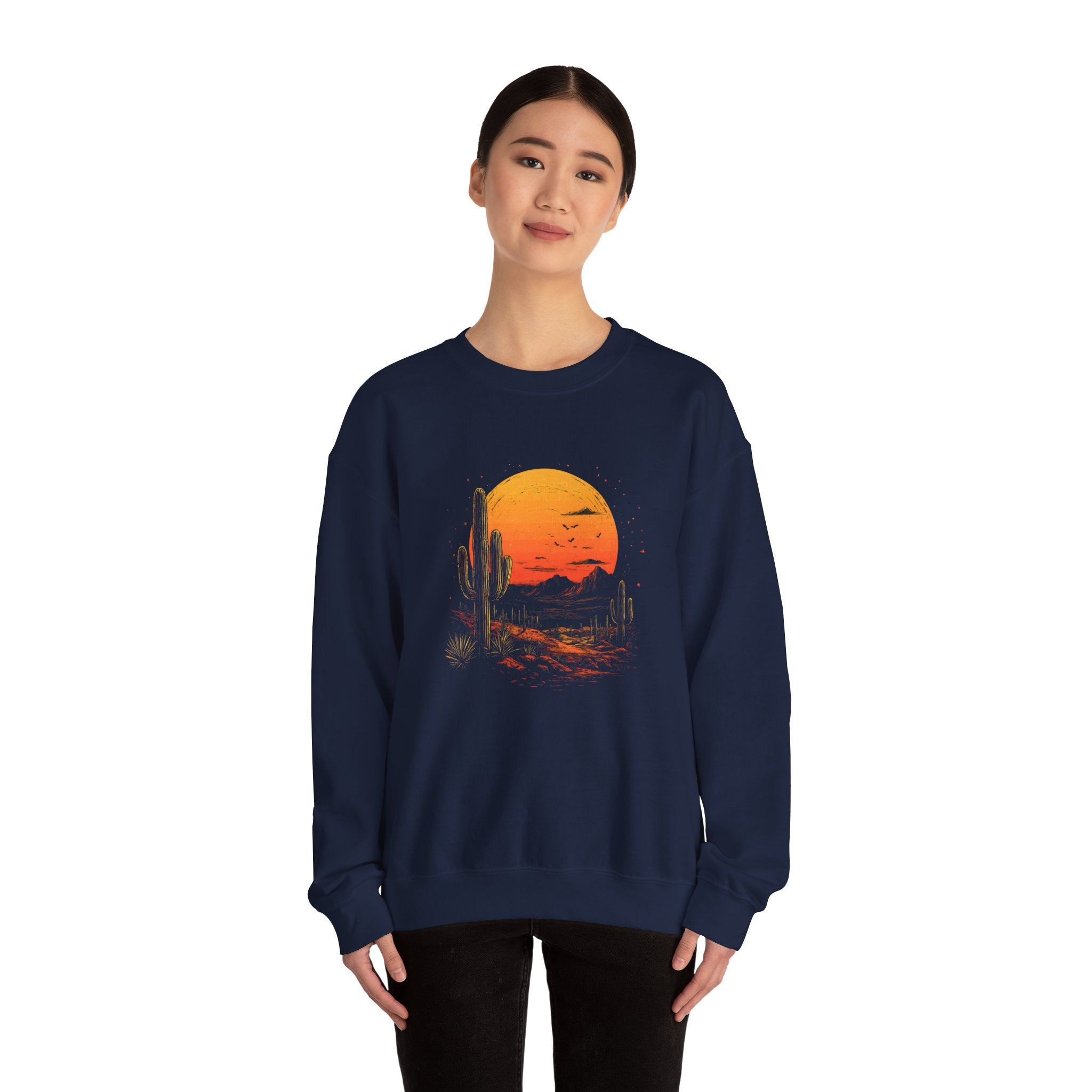 Desert Sunset Crewneck Sweatshirt — Vintage Cactus Moon Graphic