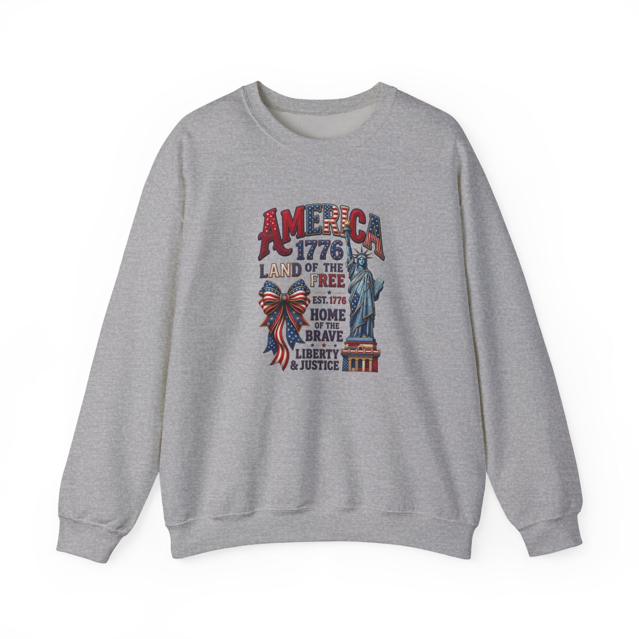America 1776 Crewneck Sweatshirt — Land of the Free Statue of Liberty Patriotic Design