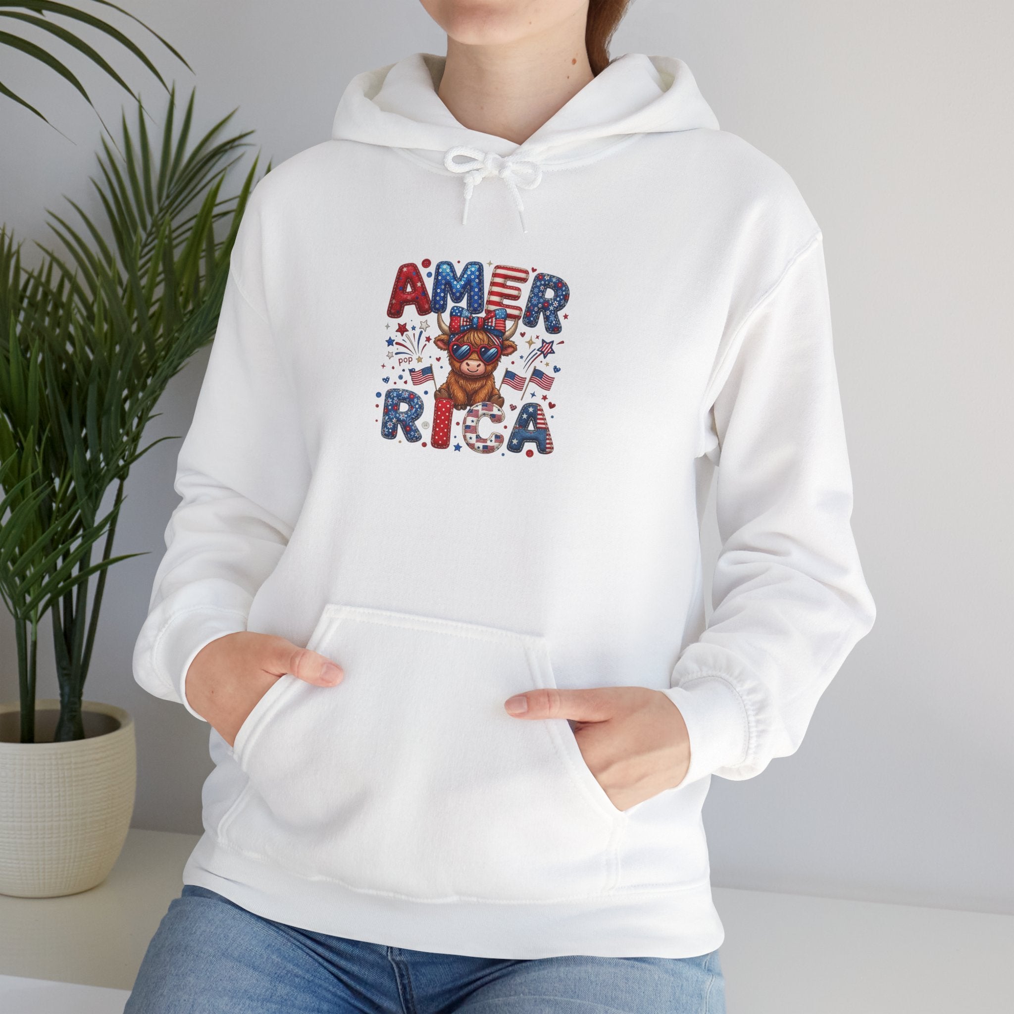 America Dog Patriotic Hoodie — "AMERICA" Text with Cute Pup & Stars (4th of July)