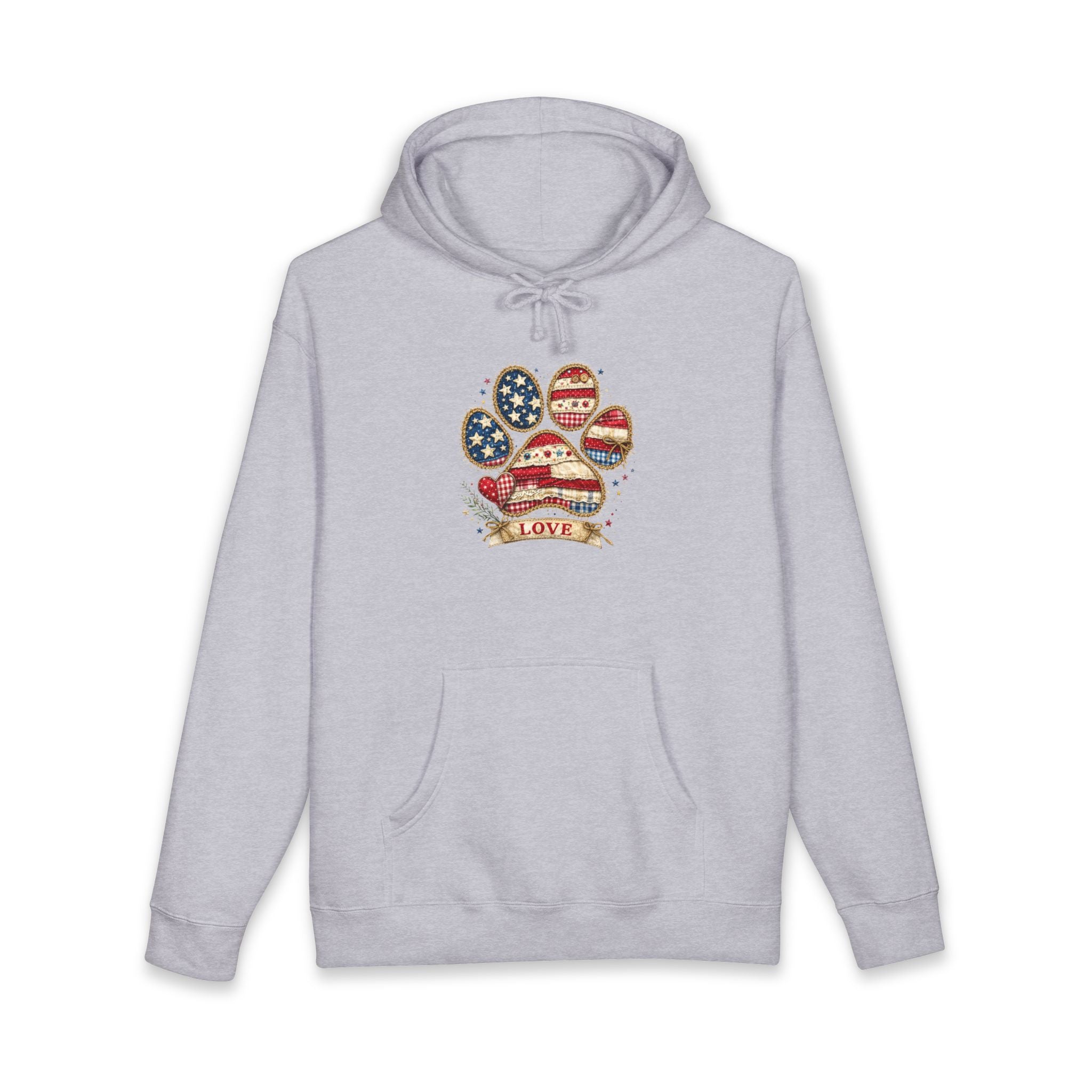 Patriotic Paw Print Hoodie — American Flag Dog Lover Sweatshirt (“Love” Banner)