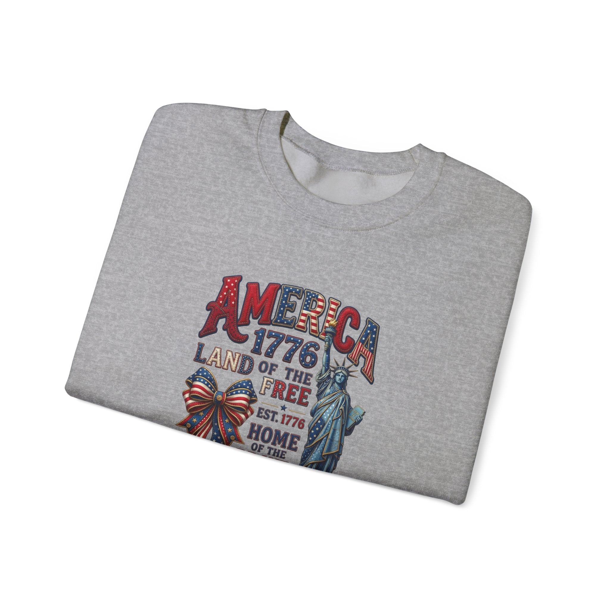 America 1776 Crewneck Sweatshirt — Land of the Free Statue of Liberty Patriotic Design