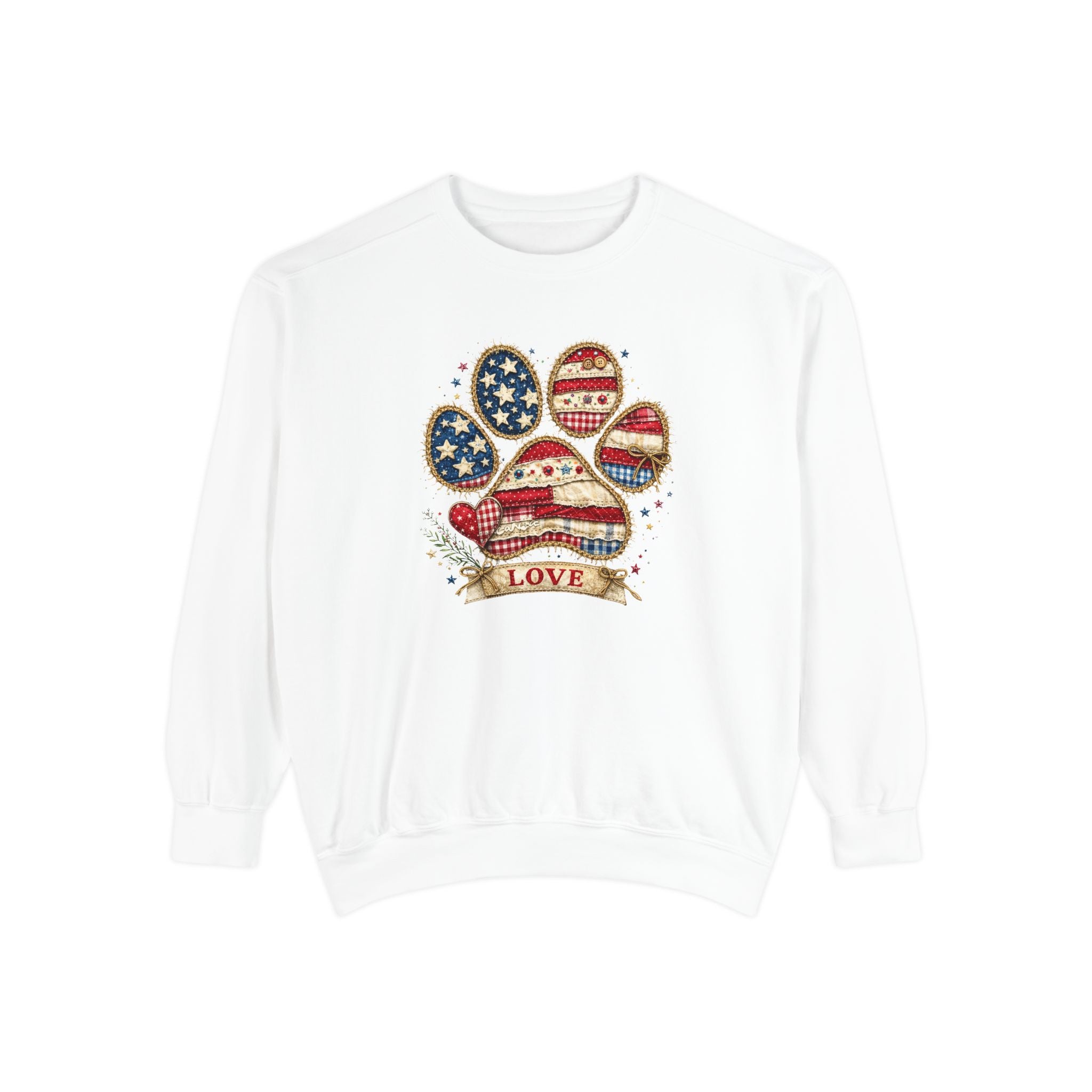Patriotic Paw Print Sweatshirt — American Flag Dog Paw "Love" Crewneck