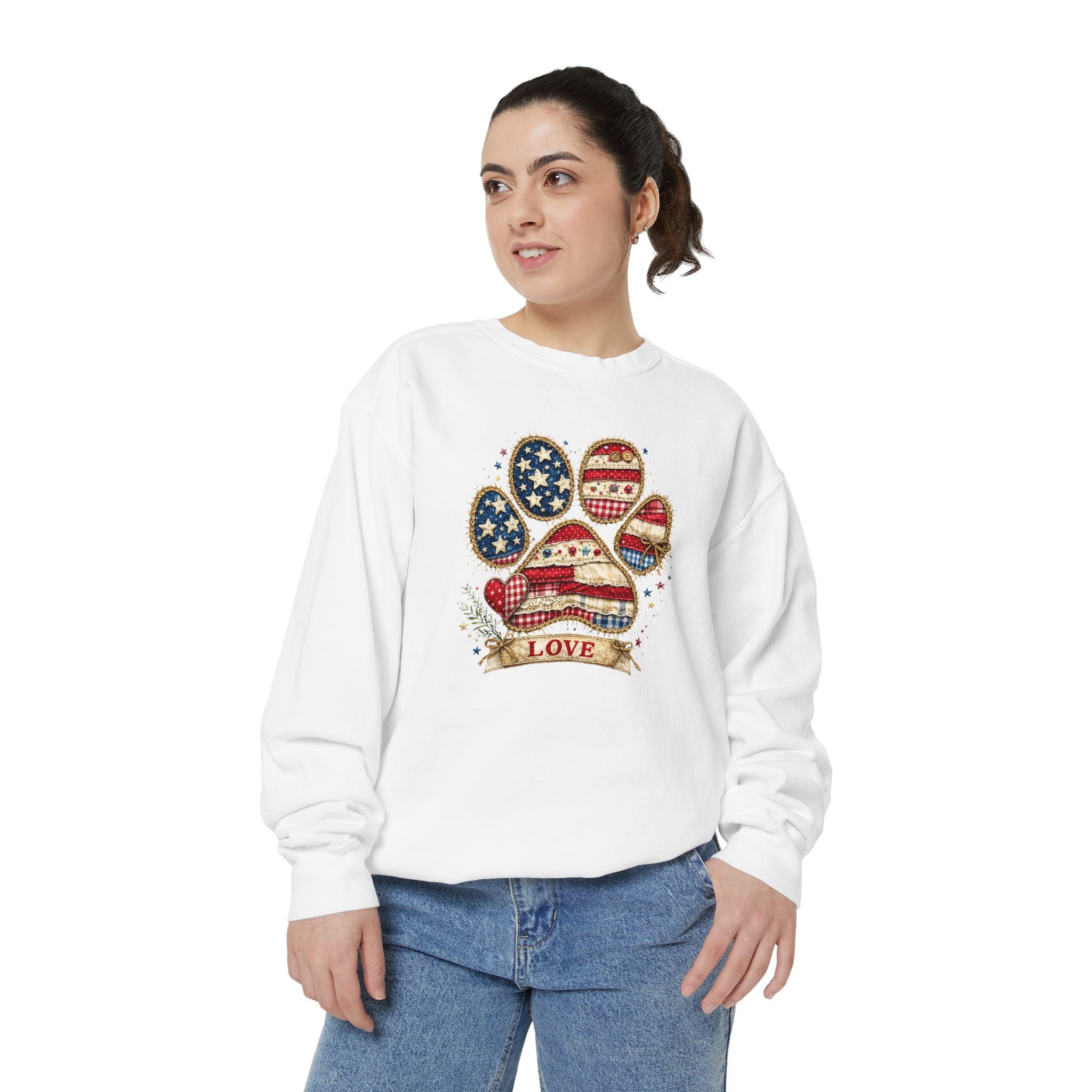 Patriotic Paw Print Sweatshirt — American Flag Dog Paw "Love" Crewneck