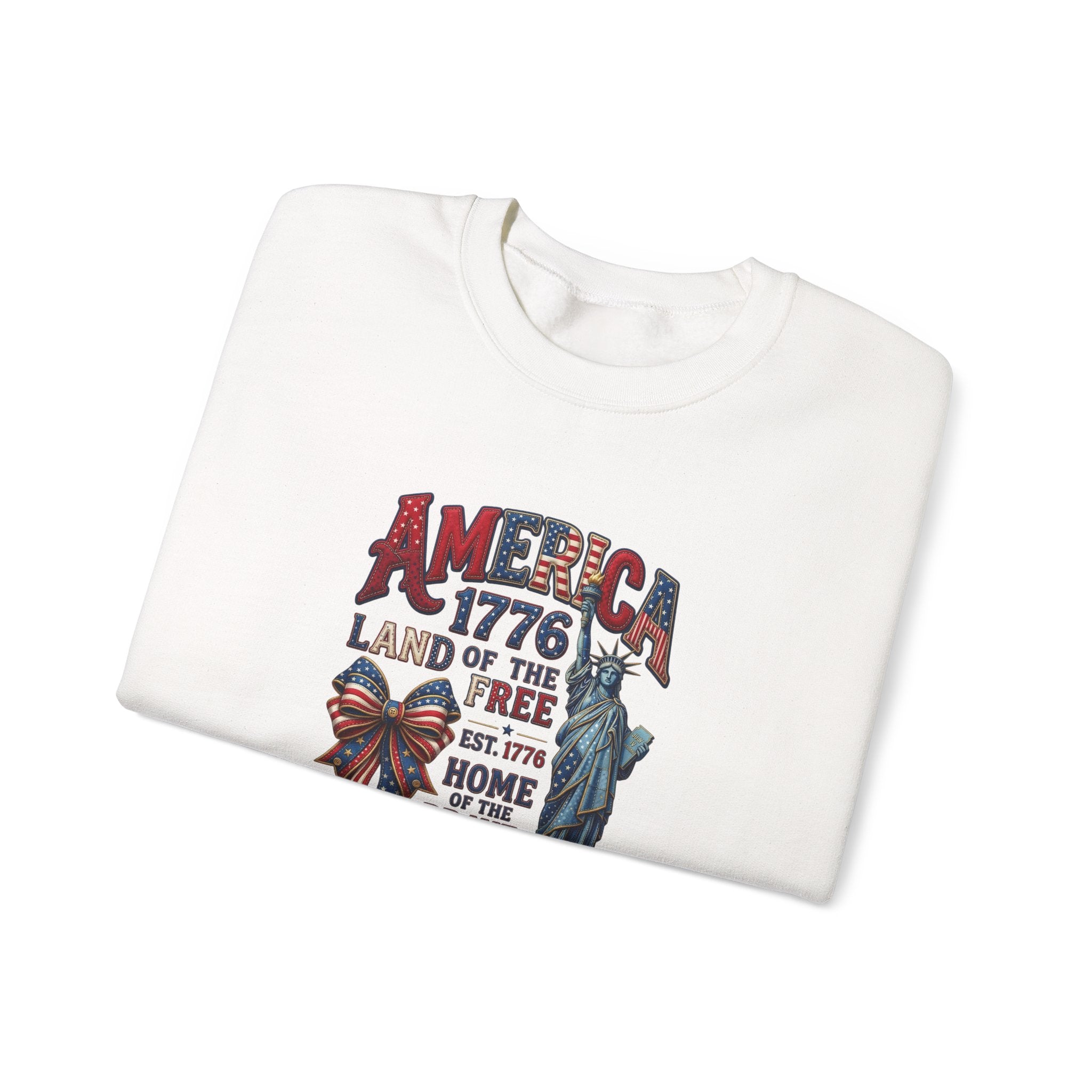America 1776 Crewneck Sweatshirt — Land of the Free Statue of Liberty Patriotic Design