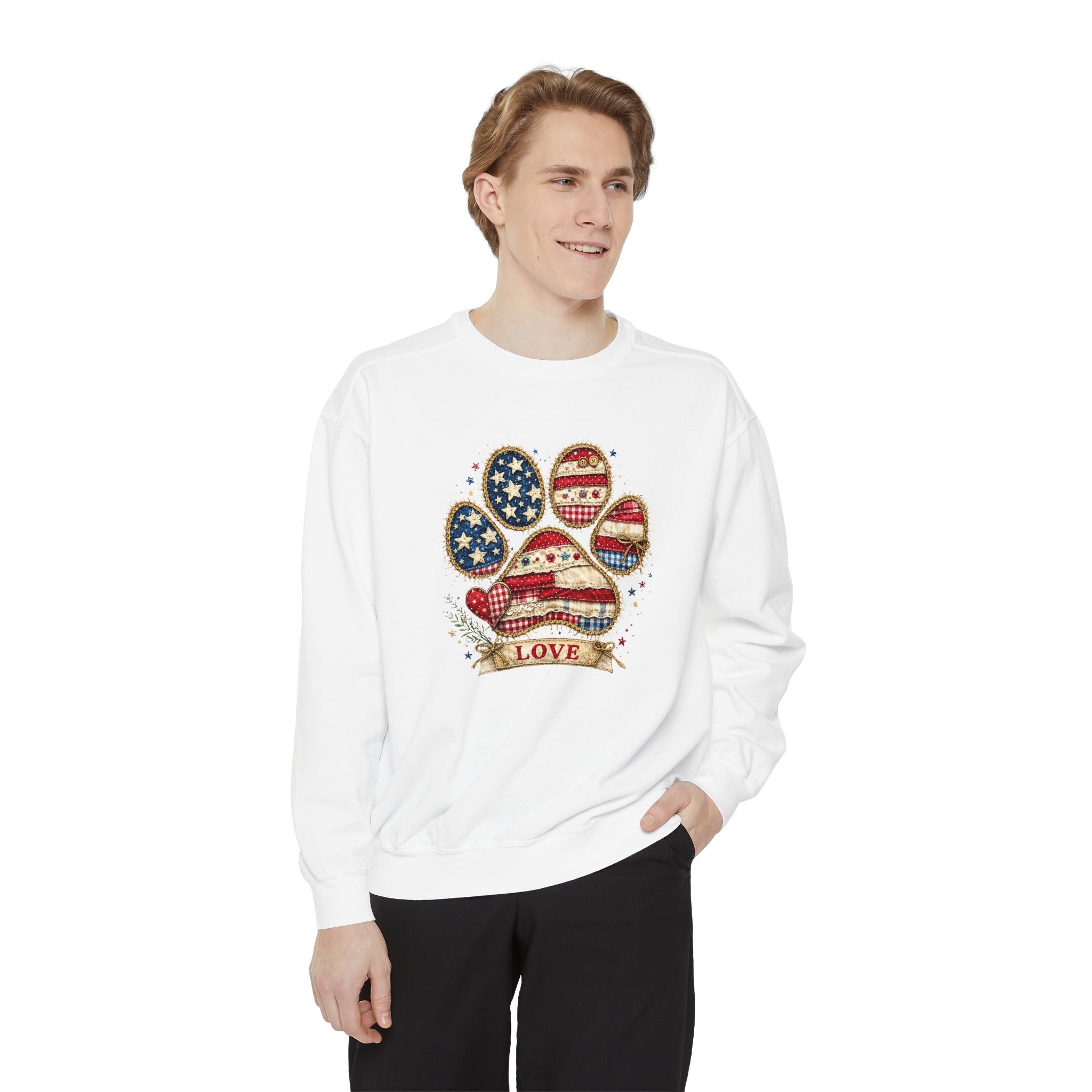 Patriotic Paw Print Sweatshirt — American Flag Dog Paw "Love" Crewneck