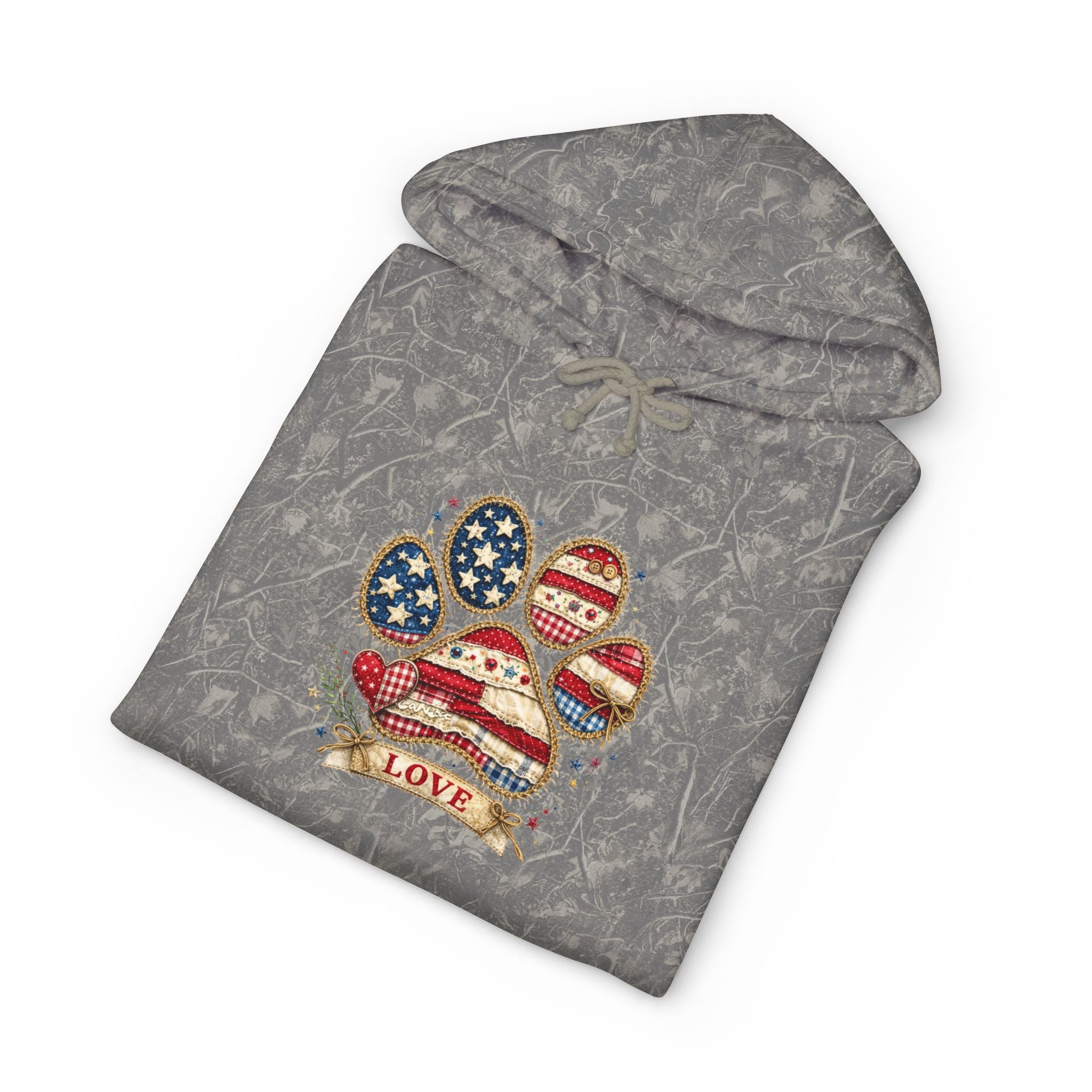 Patriotic Paw Print Hoodie — American Flag Dog Lover Sweatshirt (“Love” Banner)