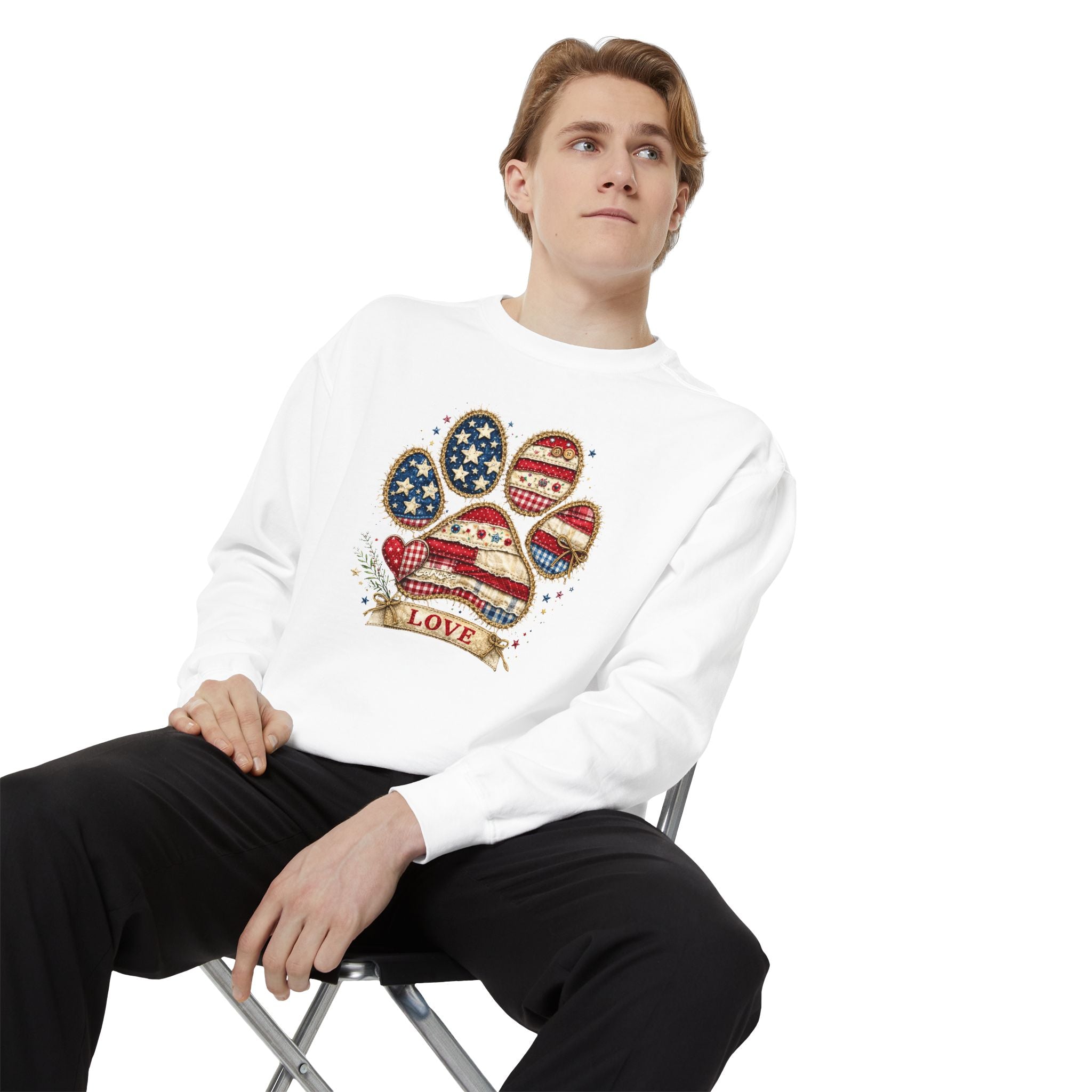 Patriotic Paw Print Sweatshirt — American Flag Dog Paw "Love" Crewneck