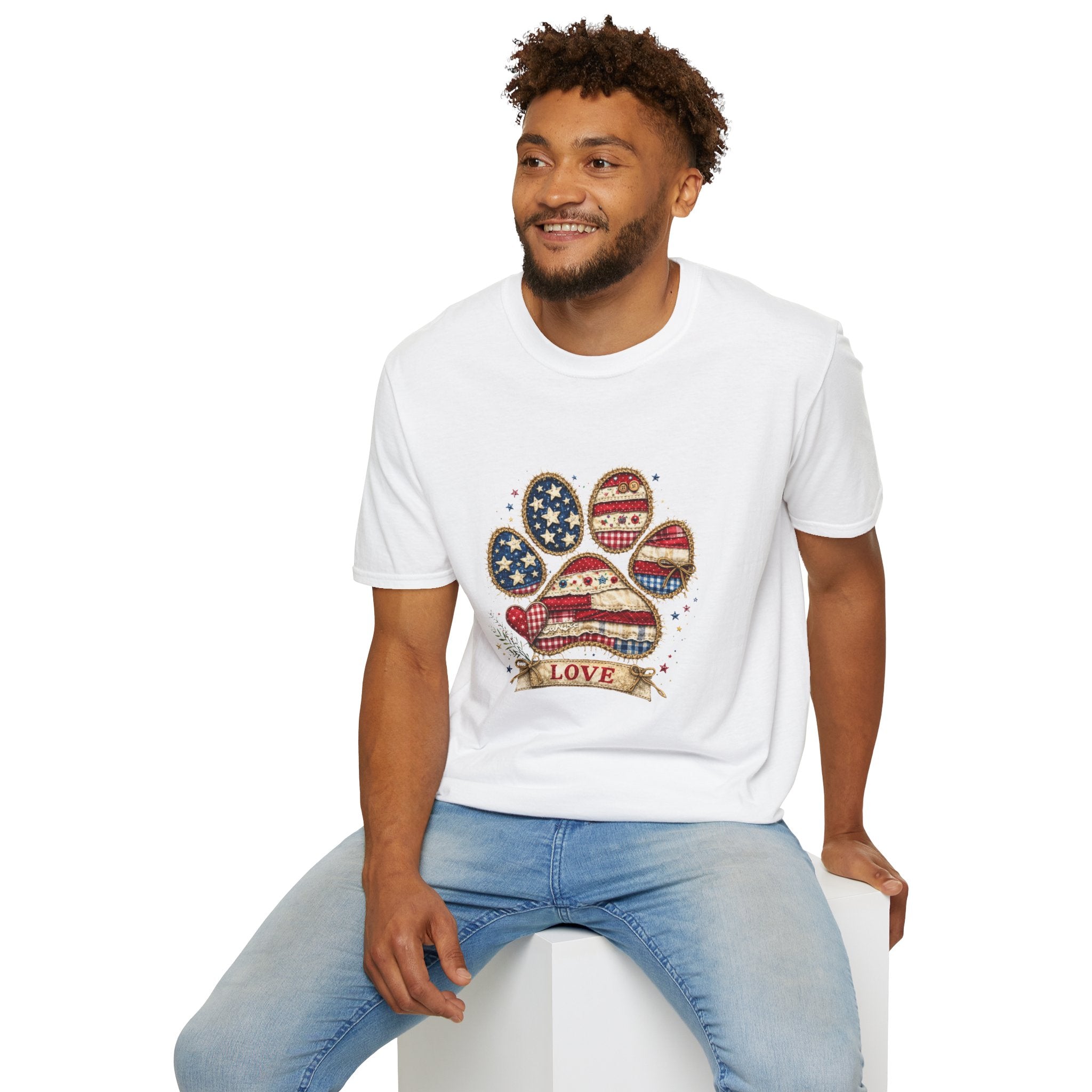 Patriotic Paw Print T-Shirt — "Love" American Flag Dog Paw Tee