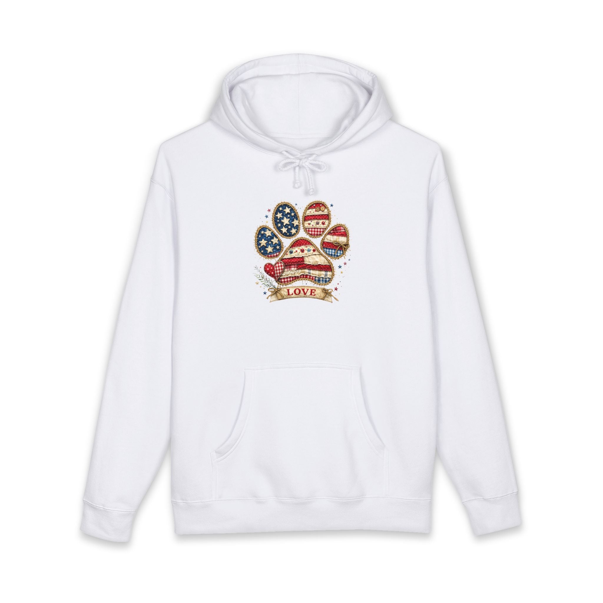 Patriotic Paw Print Hoodie — American Flag Dog Lover Sweatshirt (“Love” Banner)