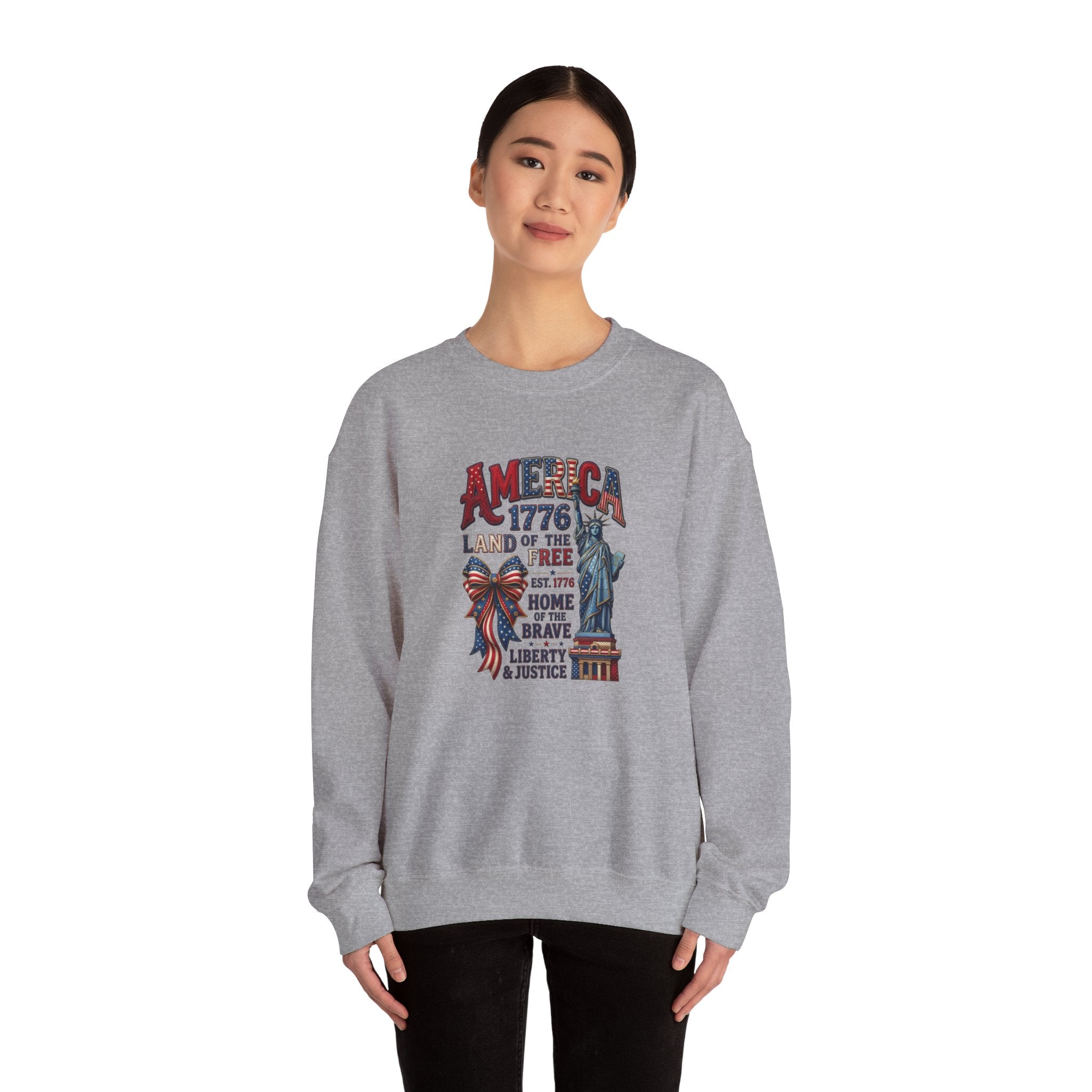 America 1776 Crewneck Sweatshirt — Land of the Free Statue of Liberty Patriotic Design