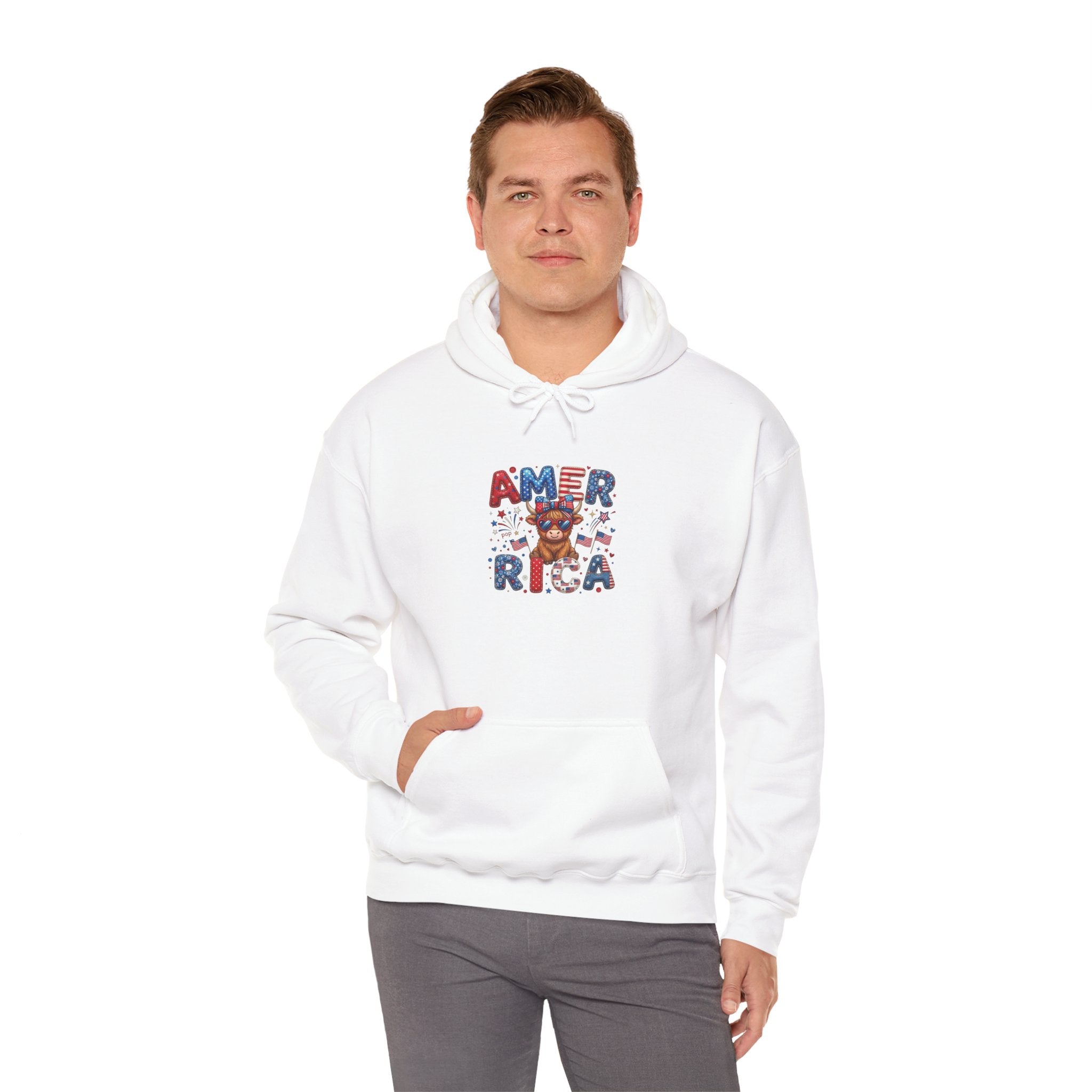 America Dog Patriotic Hoodie — "AMERICA" Text with Cute Pup & Stars (4th of July)