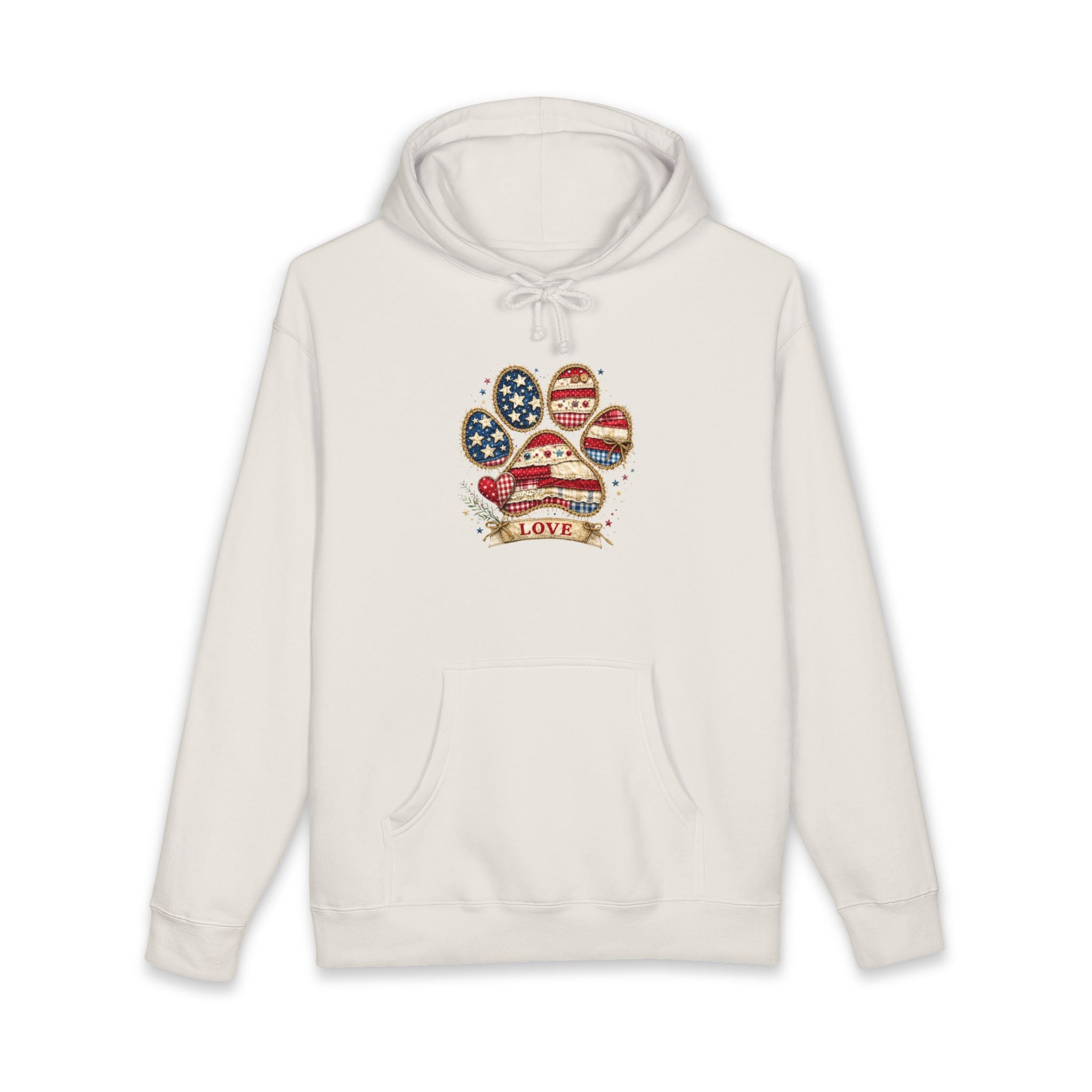 Patriotic Paw Print Hoodie — American Flag Dog Lover Sweatshirt (“Love” Banner)