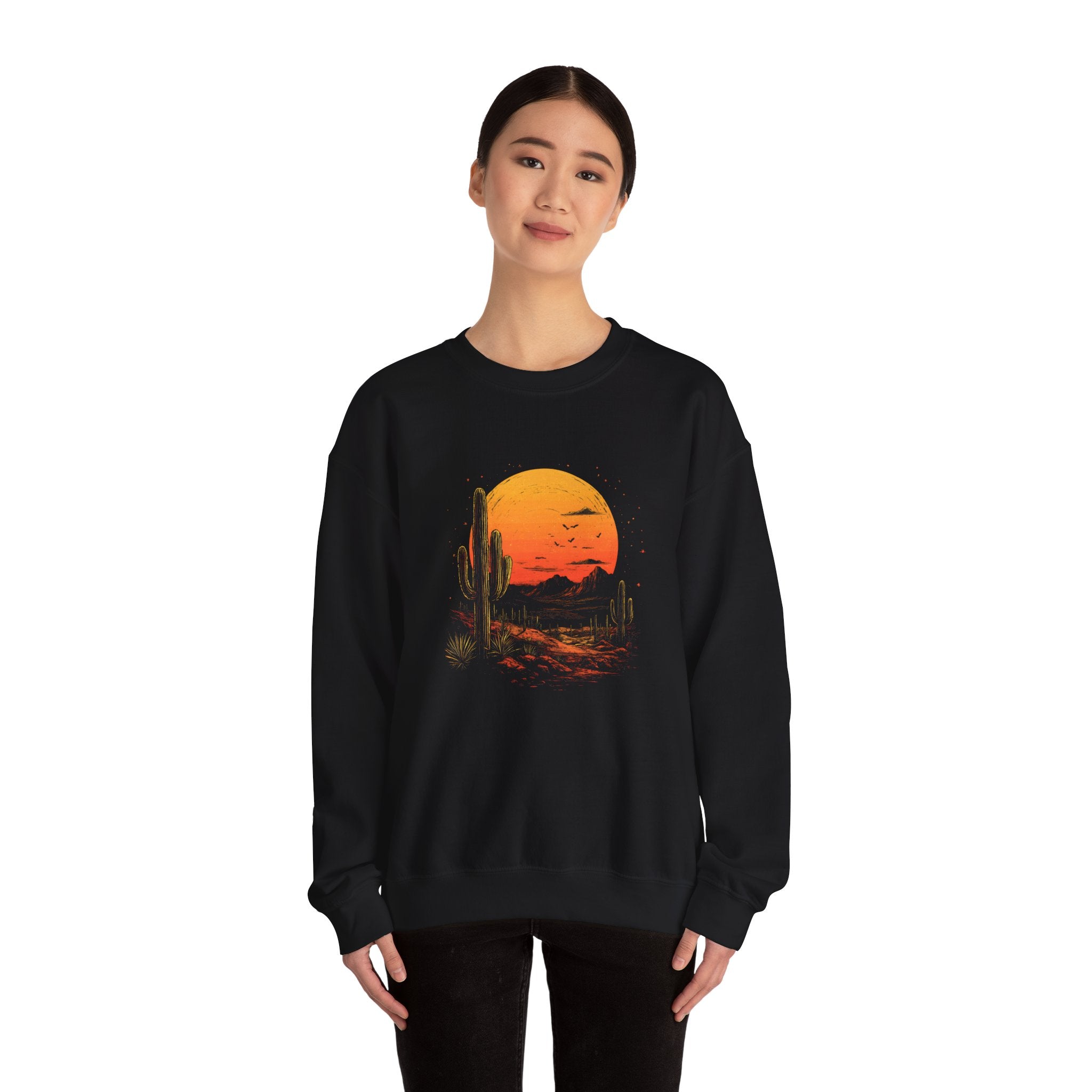 Desert Sunset Crewneck Sweatshirt — Vintage Cactus Moon Graphic