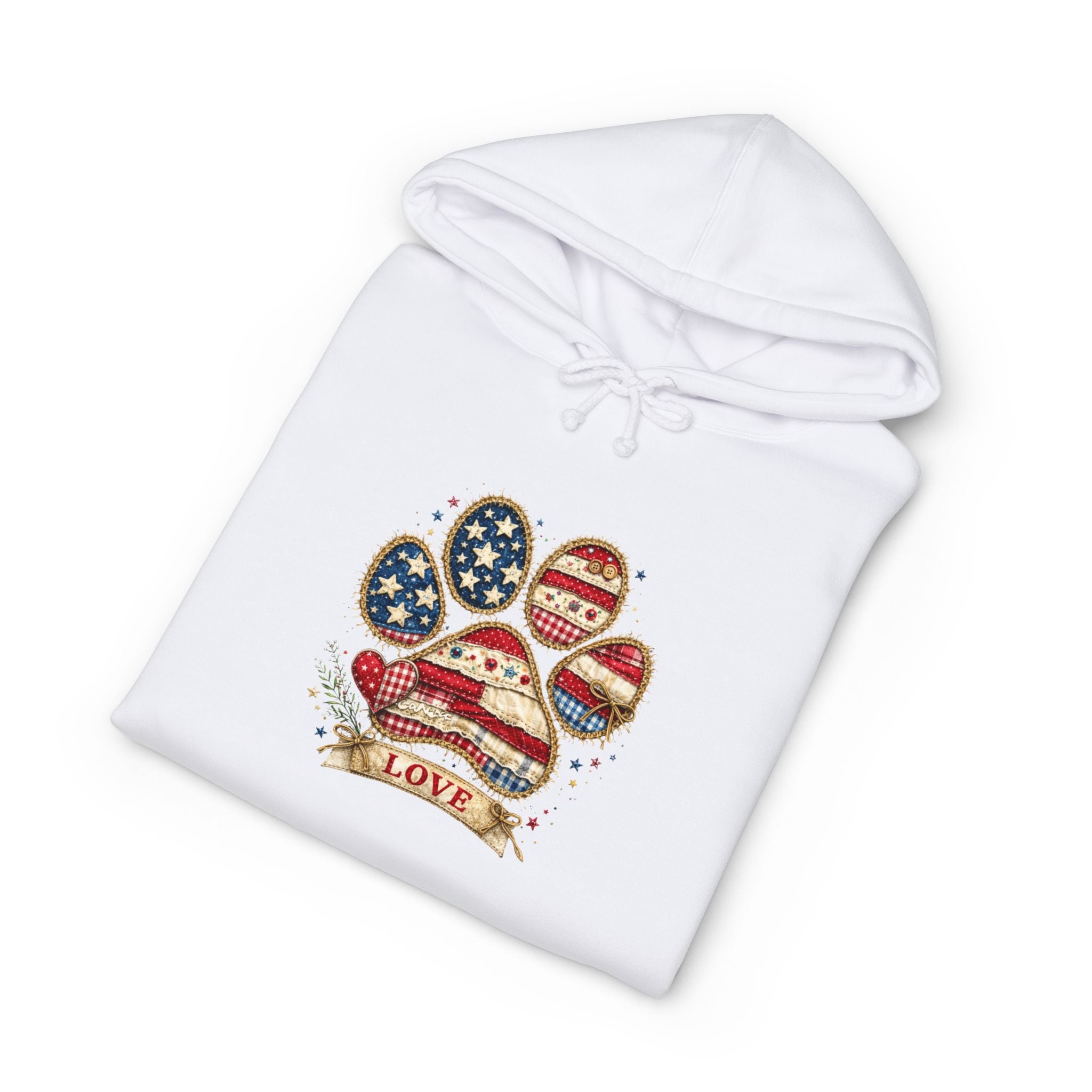 Patriotic Paw Print Hoodie — American Flag Dog Lover Sweatshirt (“Love” Banner)