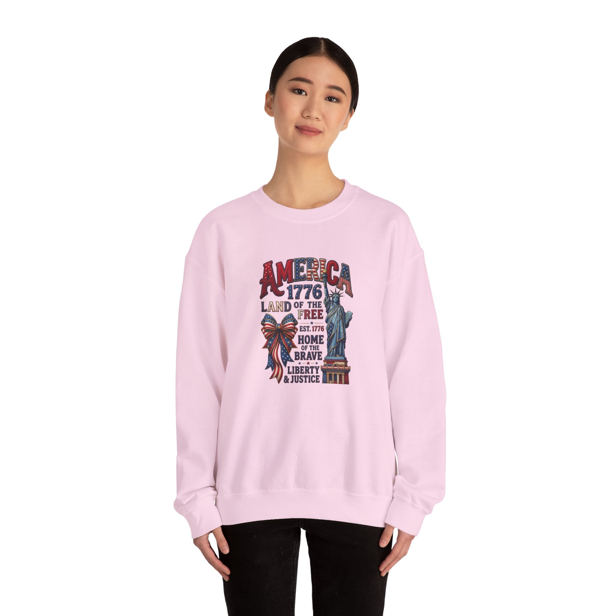 America 1776 Crewneck Sweatshirt — Land of the Free Statue of Liberty Patriotic Design