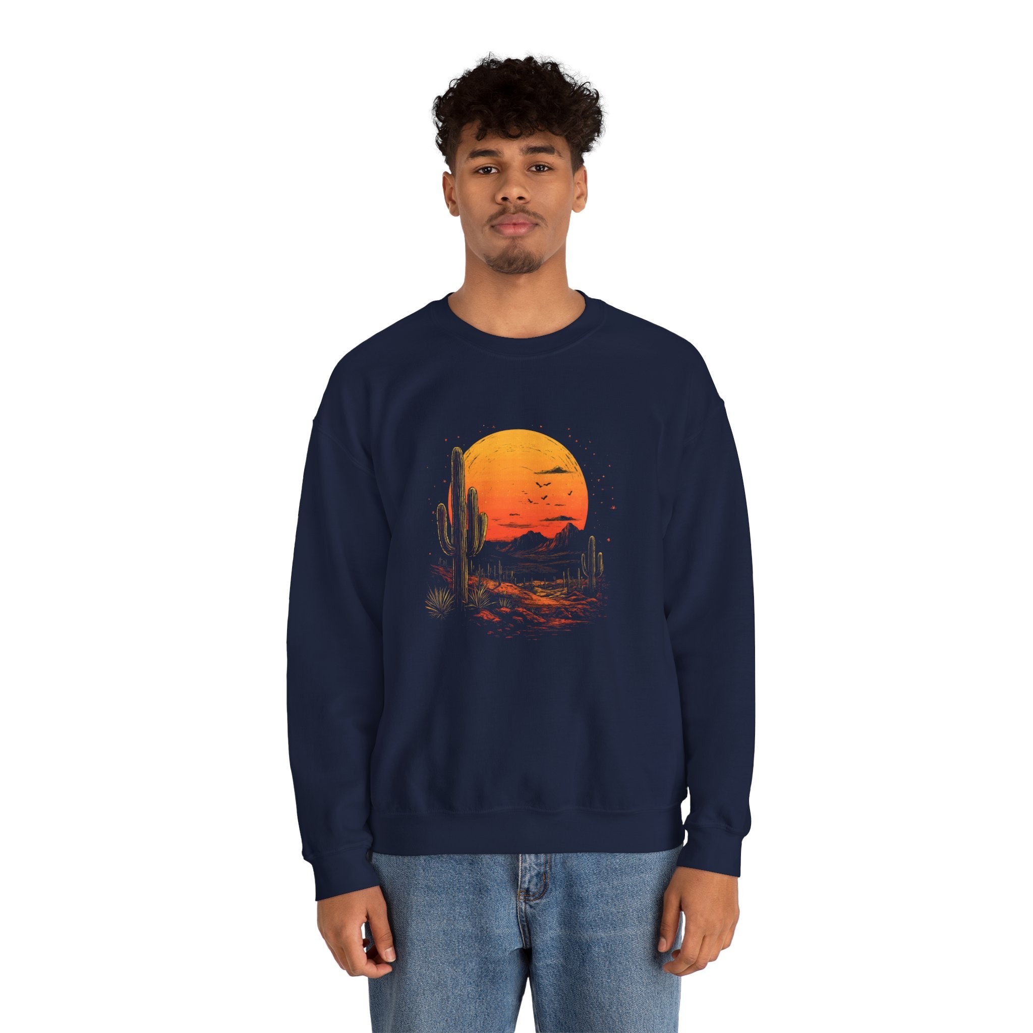 Desert Sunset Crewneck Sweatshirt — Vintage Cactus Moon Graphic