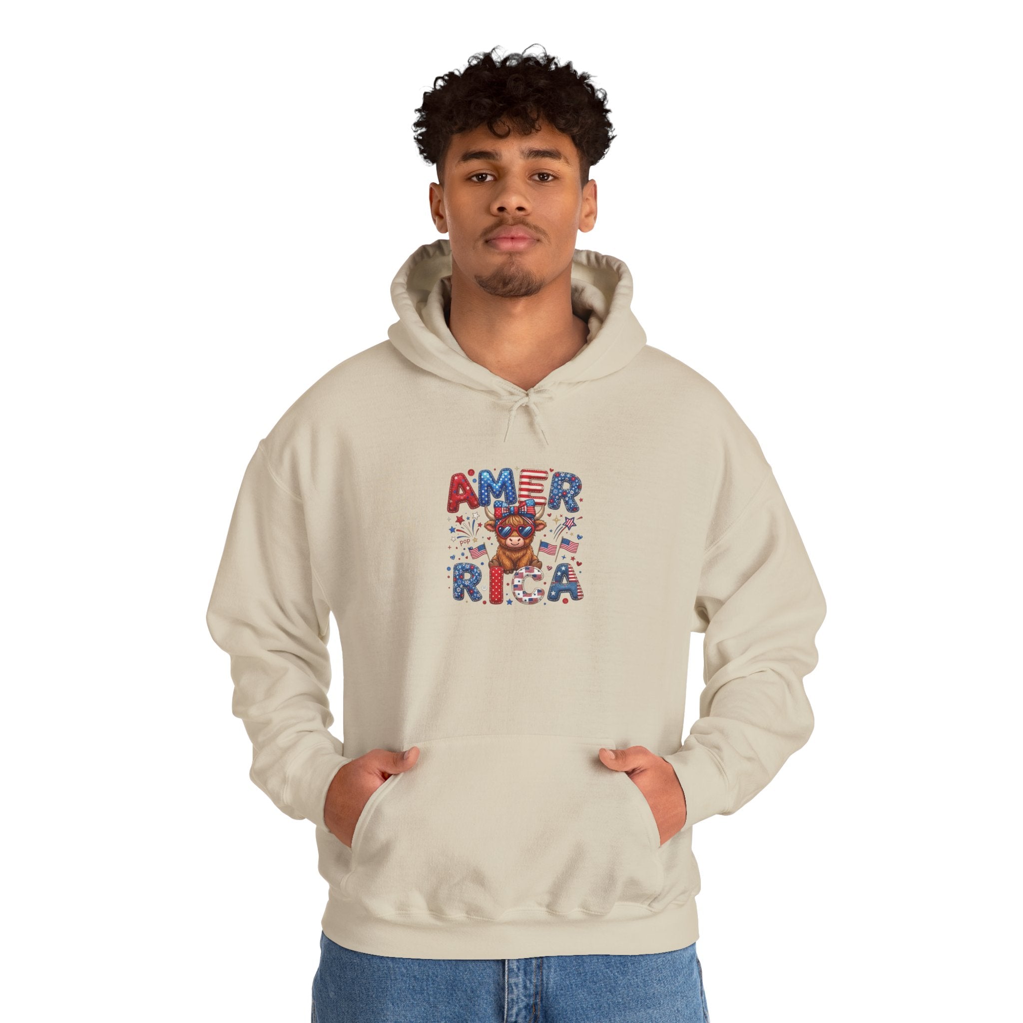 America Dog Patriotic Hoodie — "AMERICA" Text with Cute Pup & Stars (4th of July)