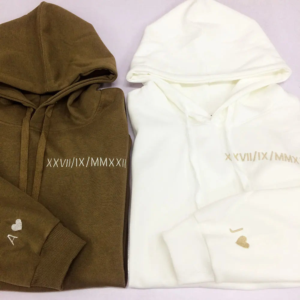 Custom Embroidered Couple Hoodie Personalized Roman Numeral Date Hoodie Date & Initial Hoodies Anniversary Gift Engagements Gift